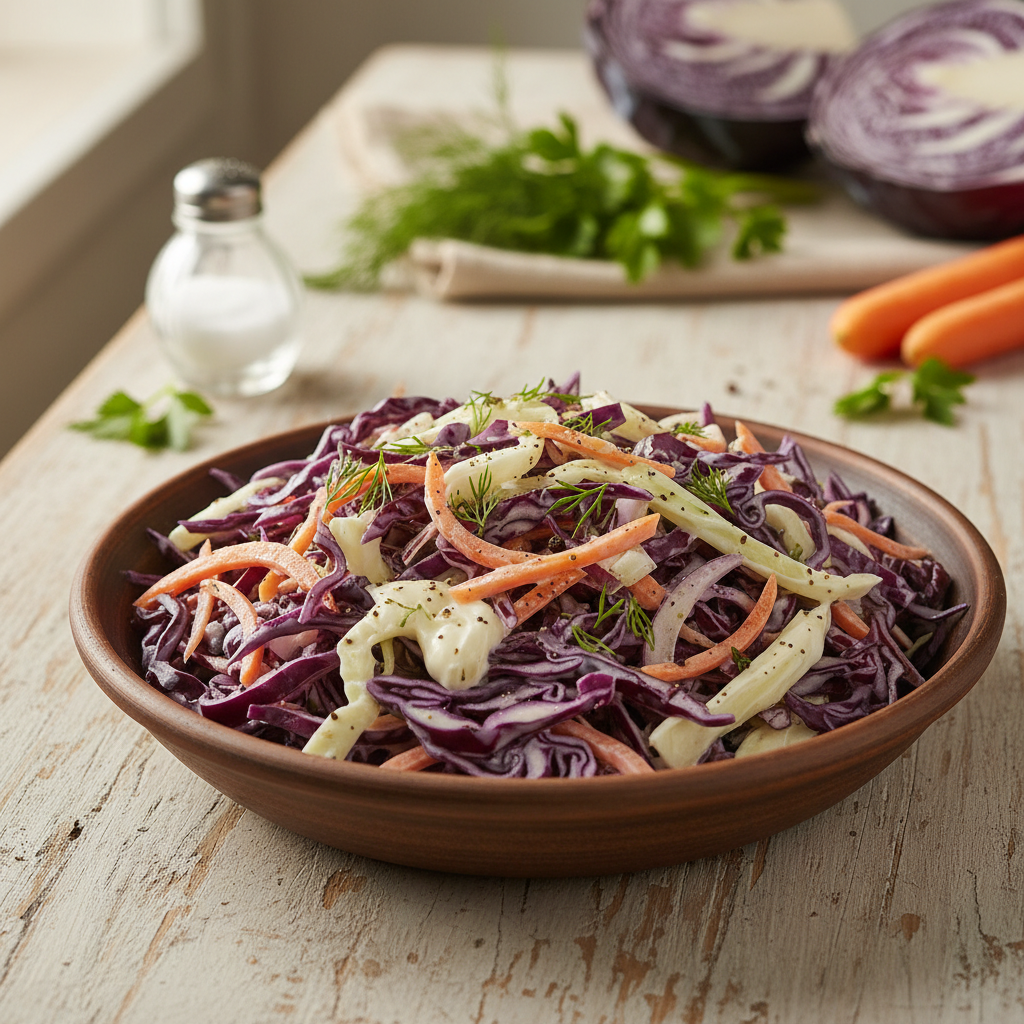 Gaivios ir traškios mėlynojo kopūsto salotos su majonezu – paprastas patiekalas kasdienai