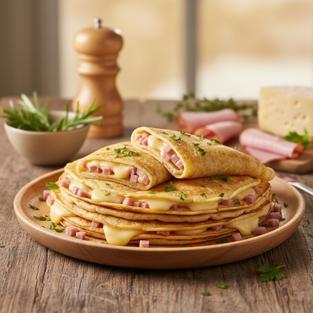 Greitai paruošiami lietiniai su kumpiu ir sūriu – gardus pasirinkimas tiek pusryčiams, tiek vakarienei