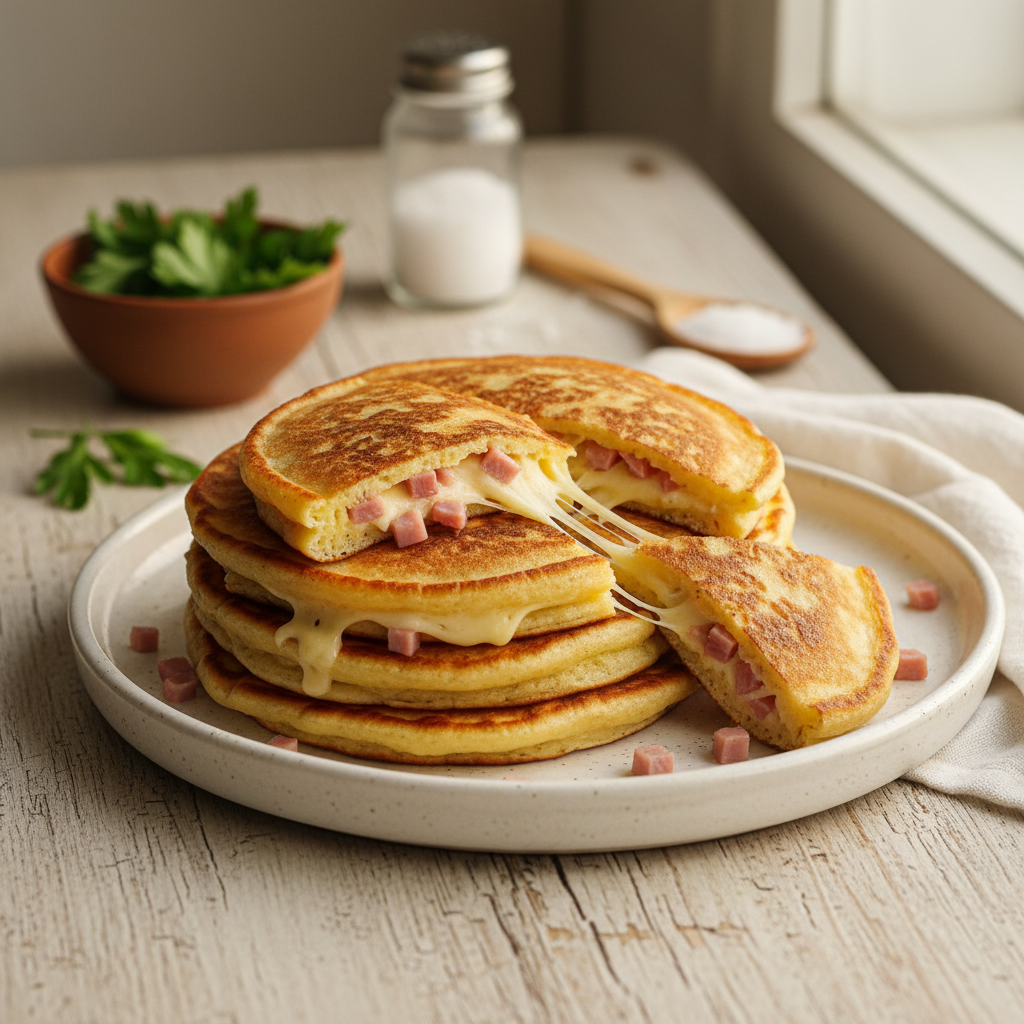 Greiti ir sotūs blyneliai su kumpiu ir sūriu – puikus pasirinkimas savaitgalio pusryčiams