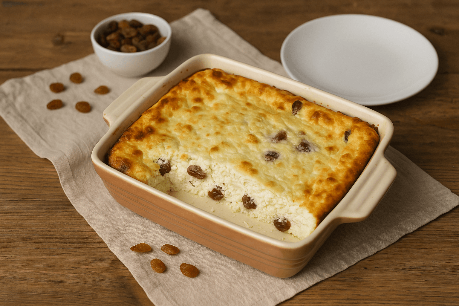 Varškės apkepas su razinomis – desertas, kuris primena namus