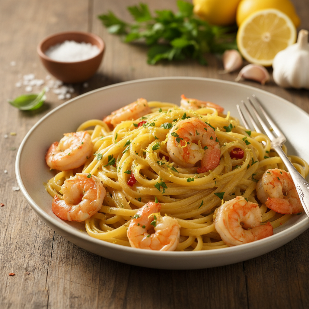 Krevetės su makaronais česnakiniame padaže: greitas receptas