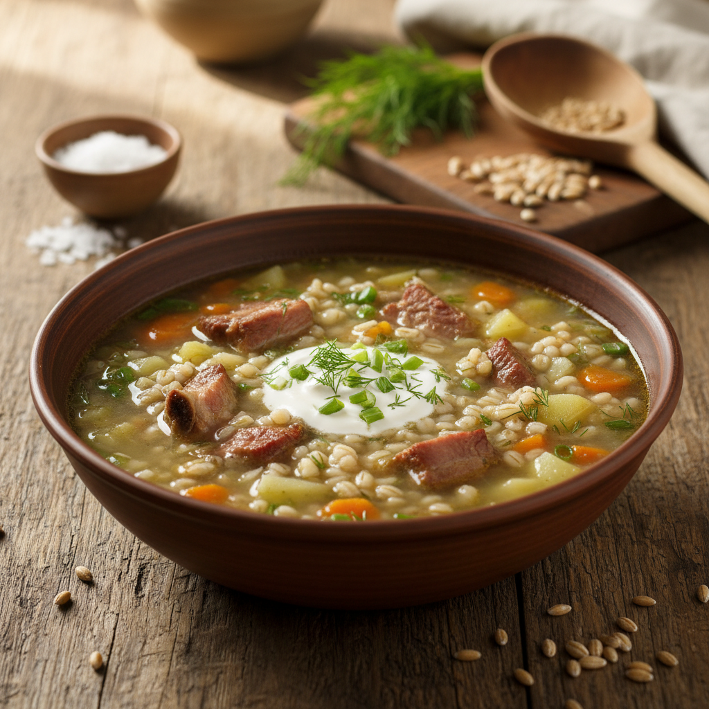 Perlinių kruopų sriuba su šonkauliukais: receptas pietums