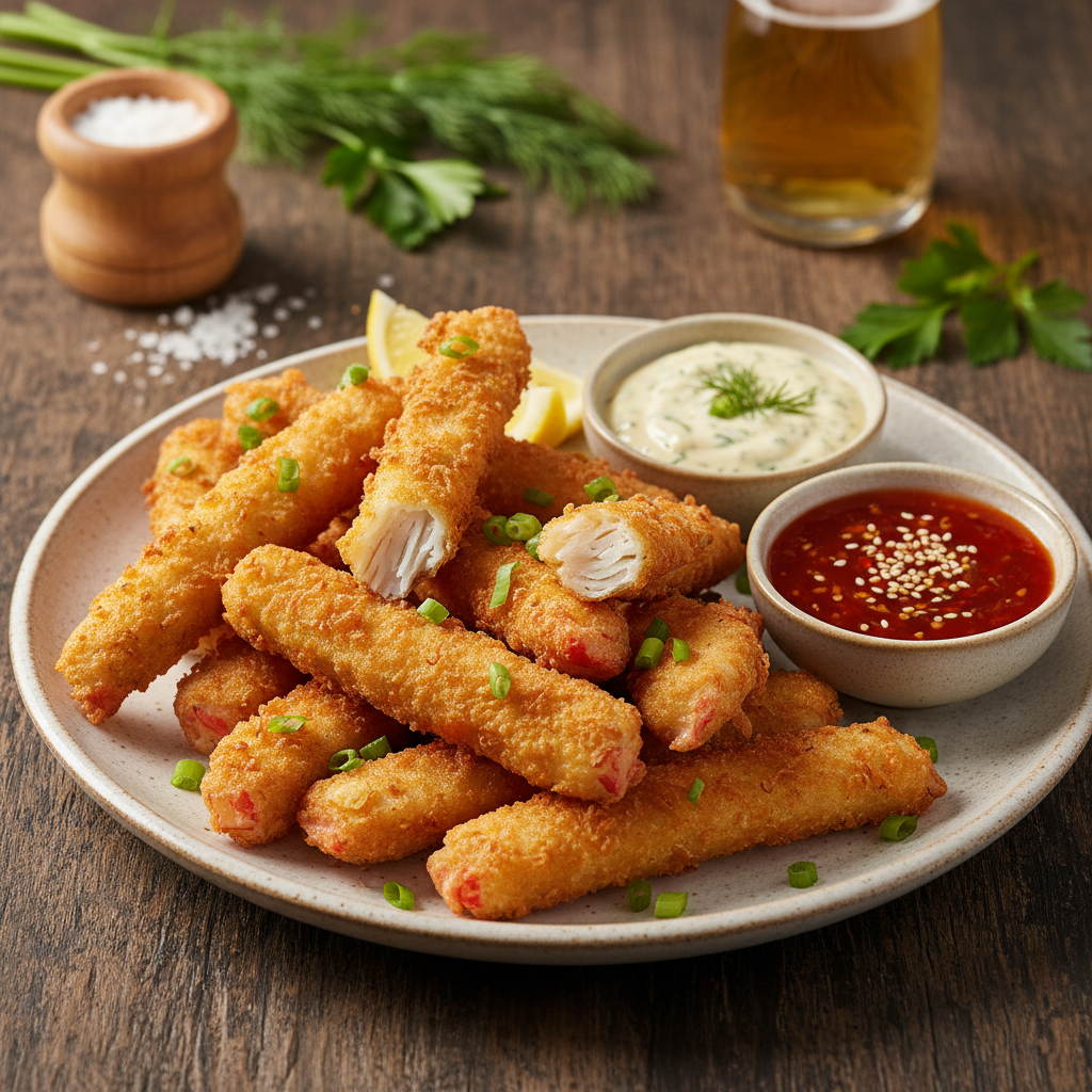 Traškios krabų lazdelės tešloje: receptas filmų vakarui