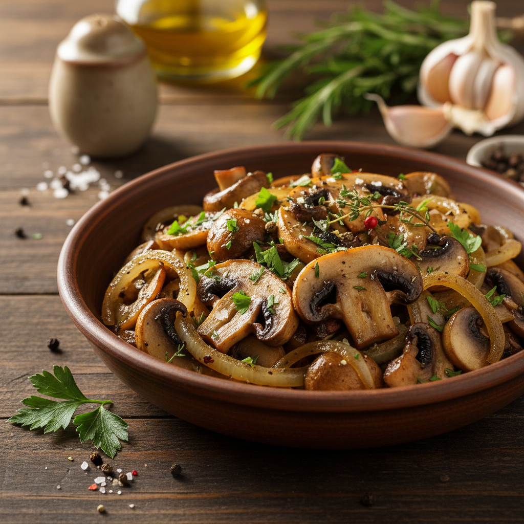 Kepti pievagrybiai su svogūnais: paruošite akimirksniu