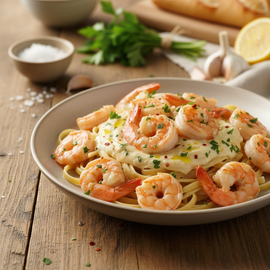 Krevetės grietinėlės padaže: vakarienė kaip restorane