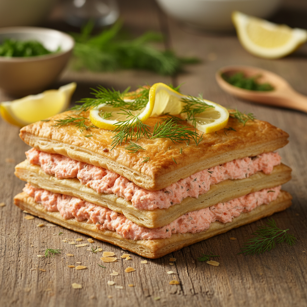 Gurmaniškas lašišos tortas su „Napoleono“ lakštais